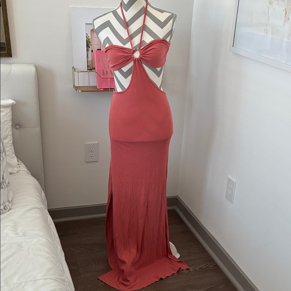 Fashion Nova Backless Halter Dress in Coral